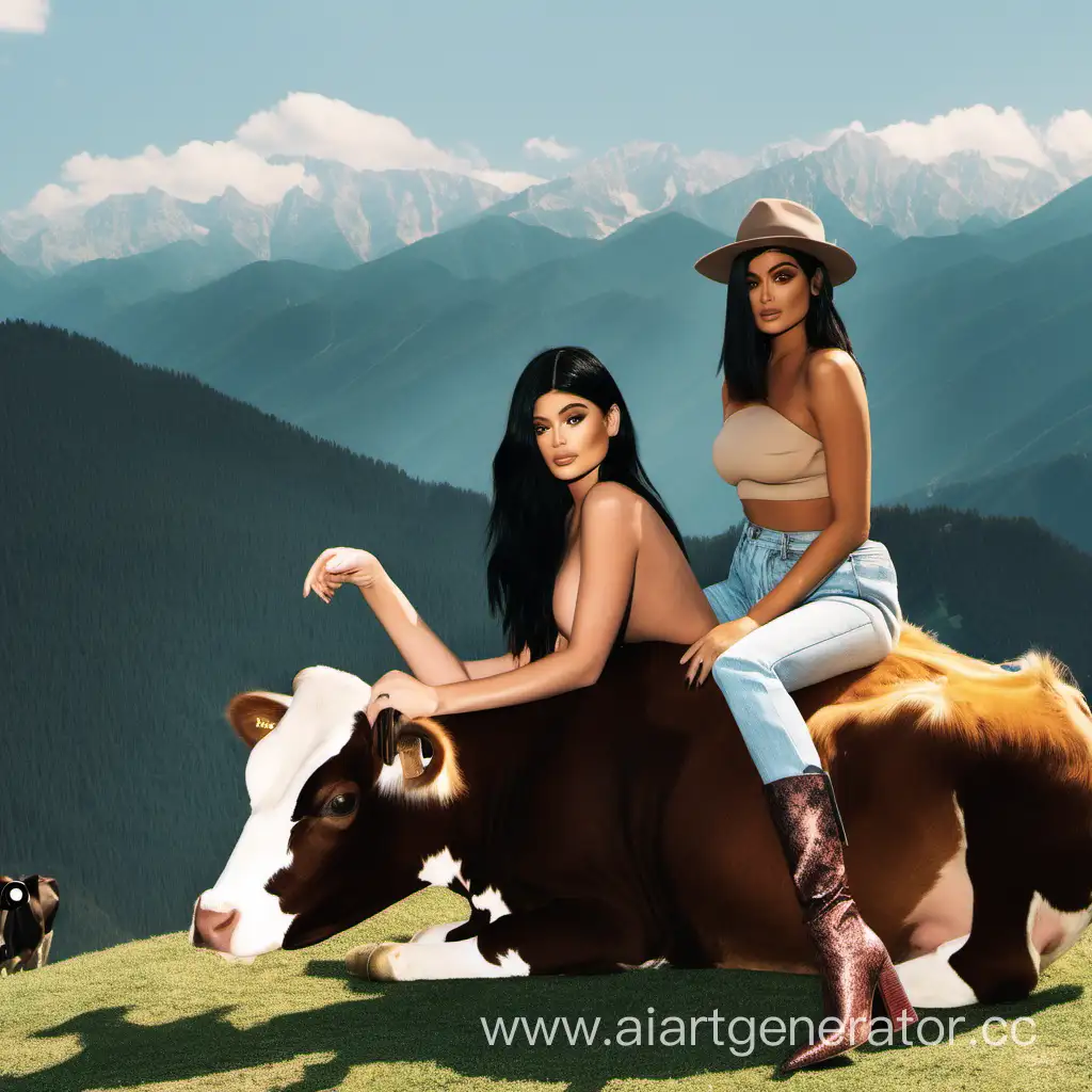Скалли Милано и Кайли Дженнер в горах сидят на корове