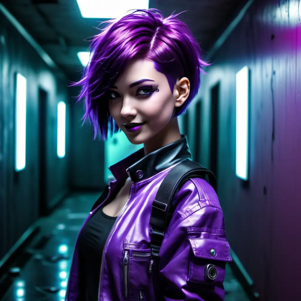 Create a cyberpunk girl with side-swept purple short hair who is standing in the hallway of her house. Make the hallway more colorful. Make the girl's hair shorter. Make her smile.