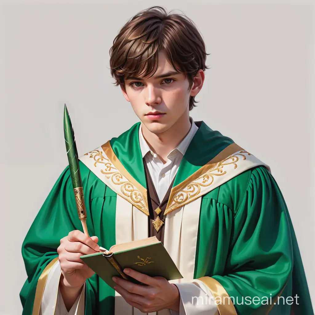 young man with brown hair, bangs, suspicious look, wearing green and white academic robes with gold embroidery, holding a quill pen and parchment