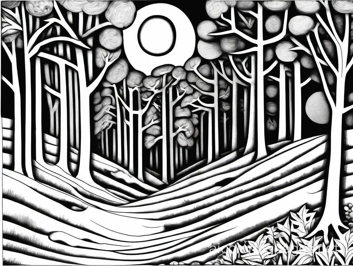 Paul Nash, Samuel Palmer And Georgia O'Keeffe: Nocturnal Scene Surreal Landscape With Beautiful Trees, Coloring Page, black and white, line art, white background, Simplicity, Ample White Space. The background of the coloring page is plain white to make it easy for young children to color within the lines. The outlines of all the subjects are easy to distinguish, making it simple for kids to color without too much difficulty