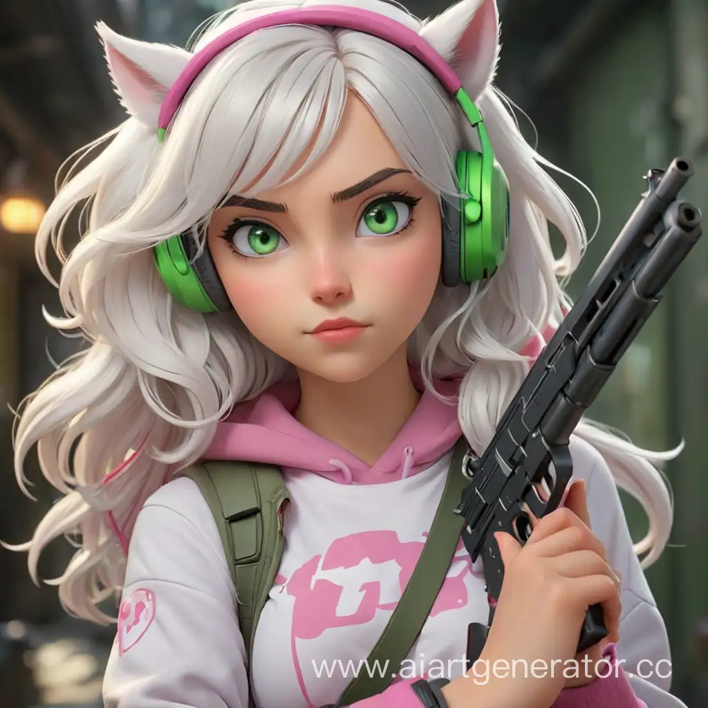 Девушка с белыми волосами и с зелеными глазами, с розовыми наушниками с ушками и с автоматом в руке 