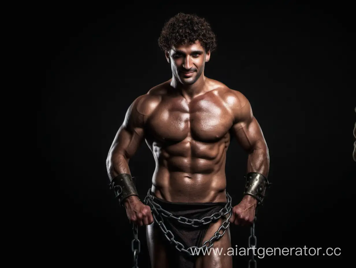 Joyful-Ancient-Roman-Man-in-Shackles-Muscular-Captive-in-Loincloth-on-Black-Background