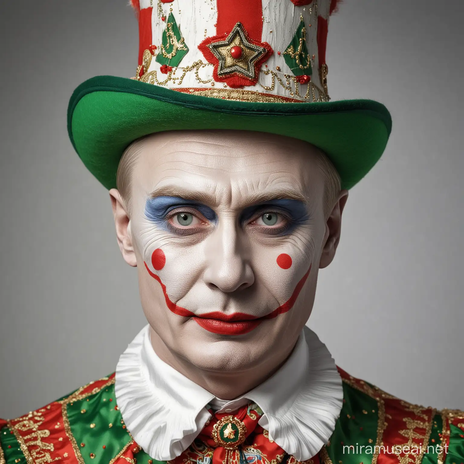 Russian President Putin with white make-up, white skin, red lips, green hat, drawn-on eyebrows, clown costume, clown dress, clown disguise
