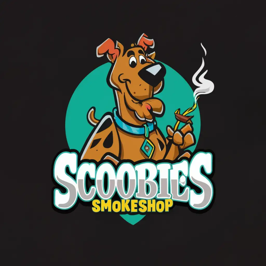 a logo design,with the text "ScoobiesSmokeShop", main symbol:Scoobie doo smoking a joint,Moderate,clear background