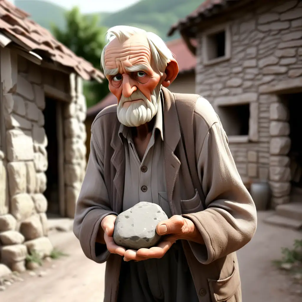 Elderly Villager Grasping a Stone in a Rustic Setting