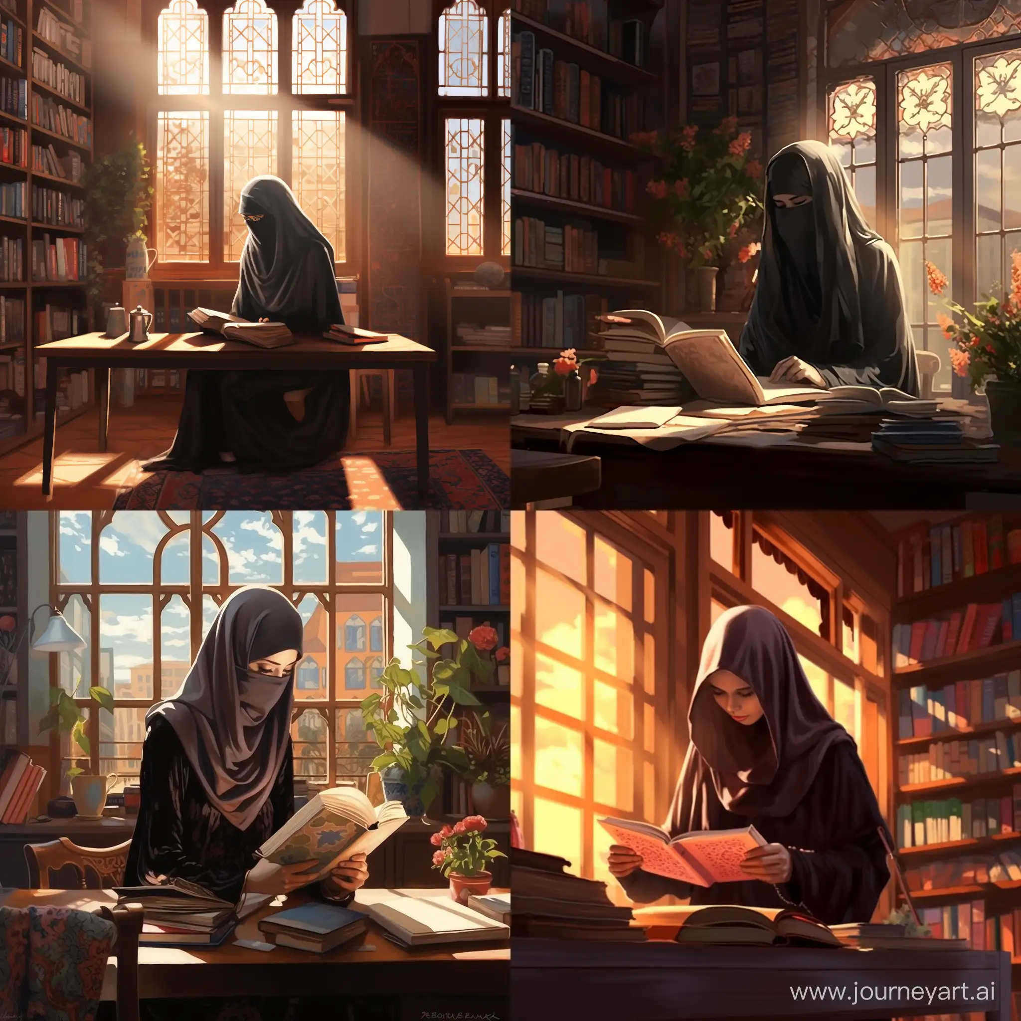 Девушка в никабе книги библиотека стол письмо ручка светлая комната солнце



