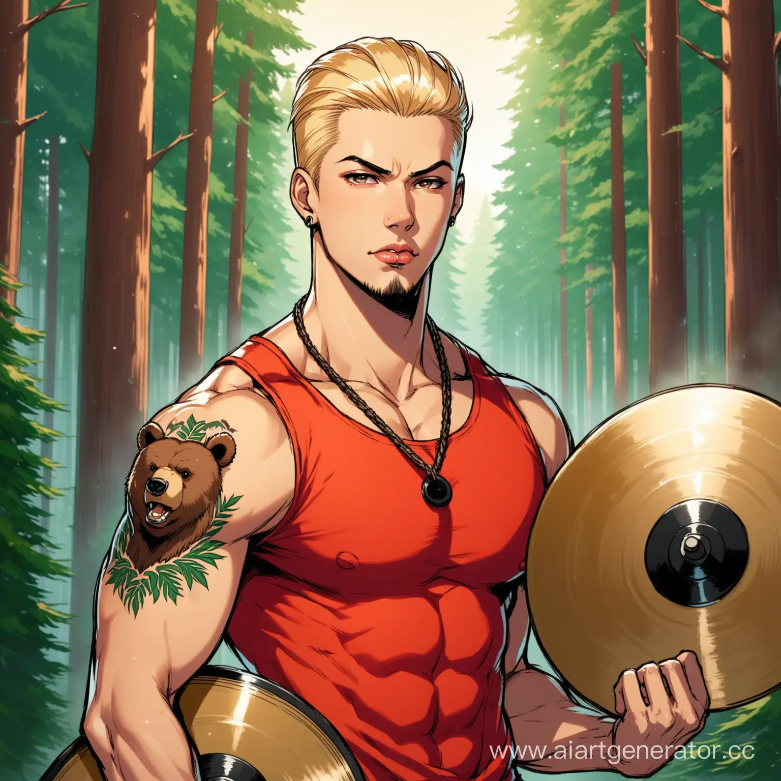 Muscular-Blonde-Youth-Playing-Cymbals-in-Forest-Den