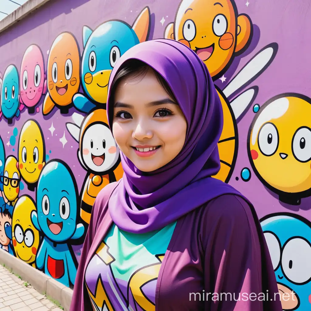 Colorful Graffiti Wall Art Featuring Cartoon Characters and Smiling Indonesian Woman in Purple Hijab