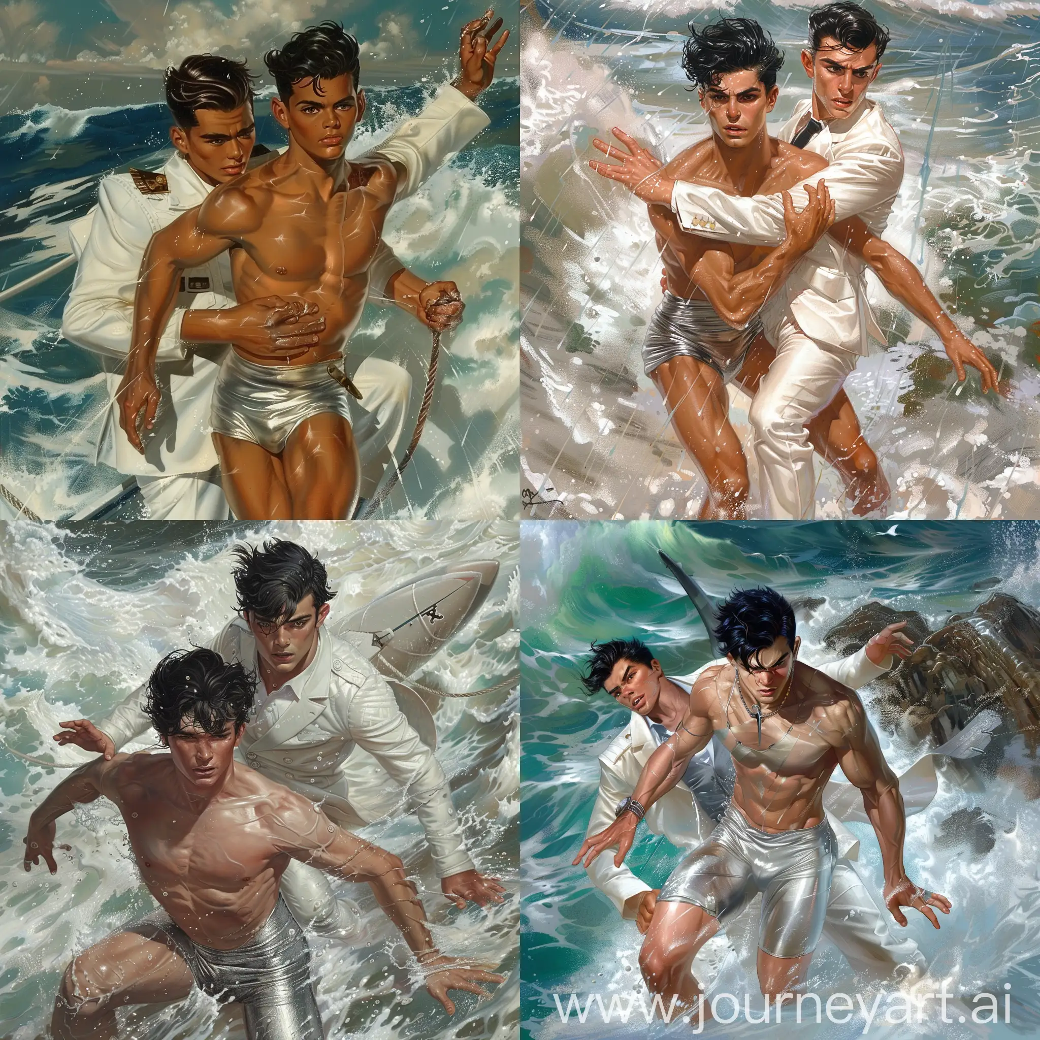 strong young male, black hair, tiny silver swimsuit, carrying a stroung young male sailor in white suit, in a wild sea