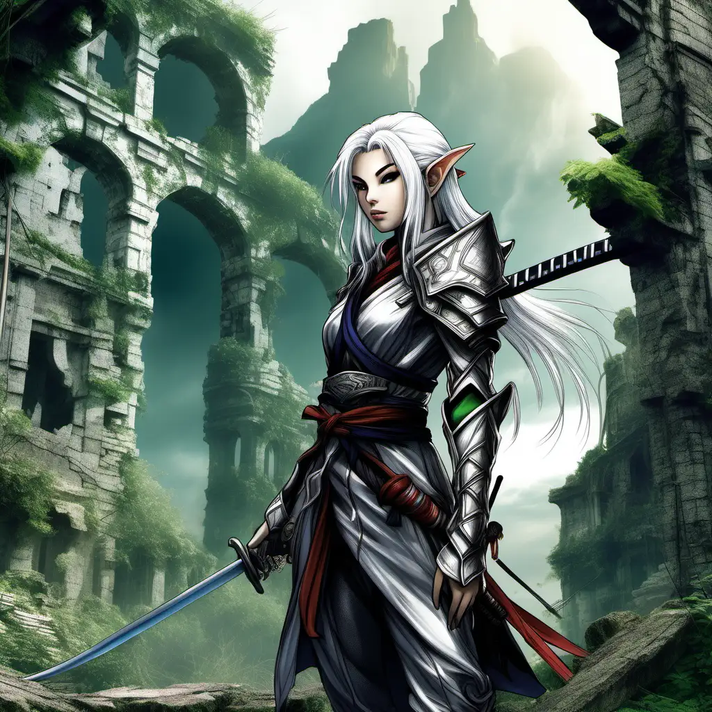 SilverHaired Female Elf Samurai Explores Enchanting Fantasy Ruins