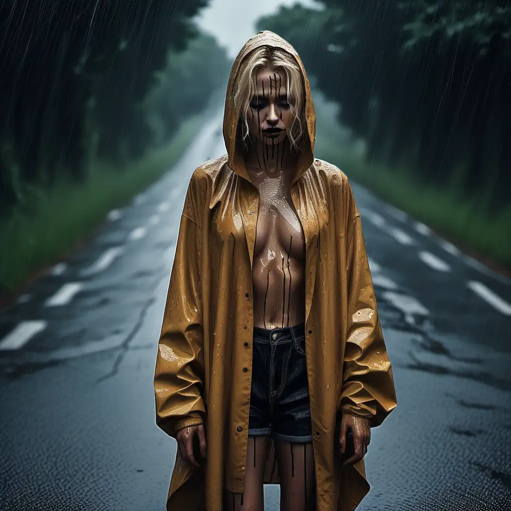 a blonde woman, represents the strange people in the world, with exceptional detail in her clothing, place her in the rain with her makeup dripping, on uneven roads, and faceless person watching her