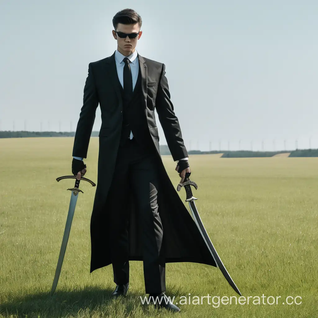 Человек в чёрном костюме на фоне поля с мечями