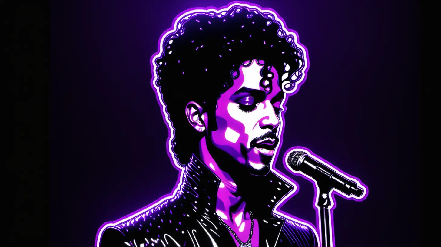 Prince singing Purple Rain in Purple rain A minimalistic neon narrative hologram drawing of a [objekt], high contrast, black background, bold [možnost vybrat si barvy] colors --style raw --s 500 --ar 16:9 --v 6.0 