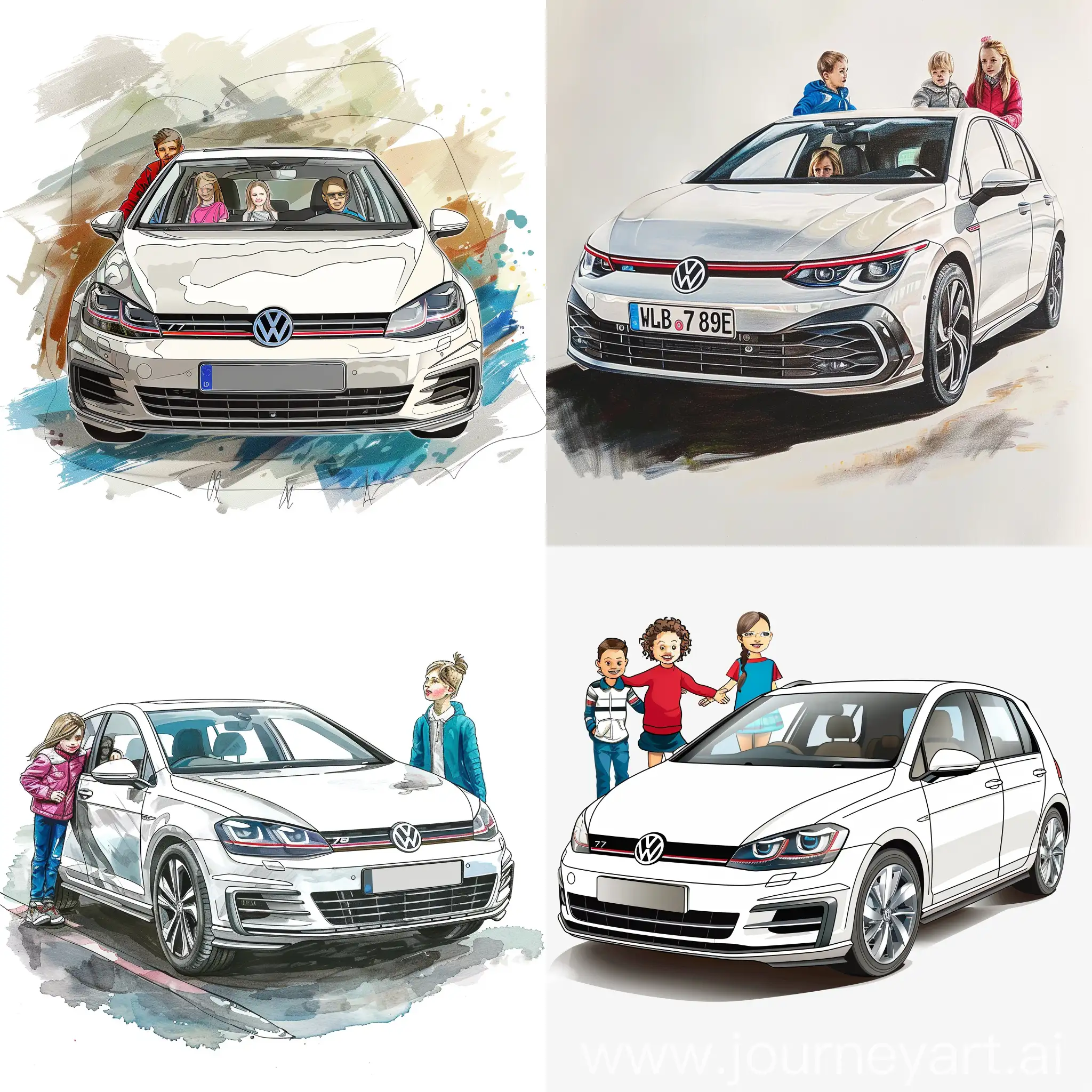 draw a white Volkswagen Golf 7 with a girl and boy 