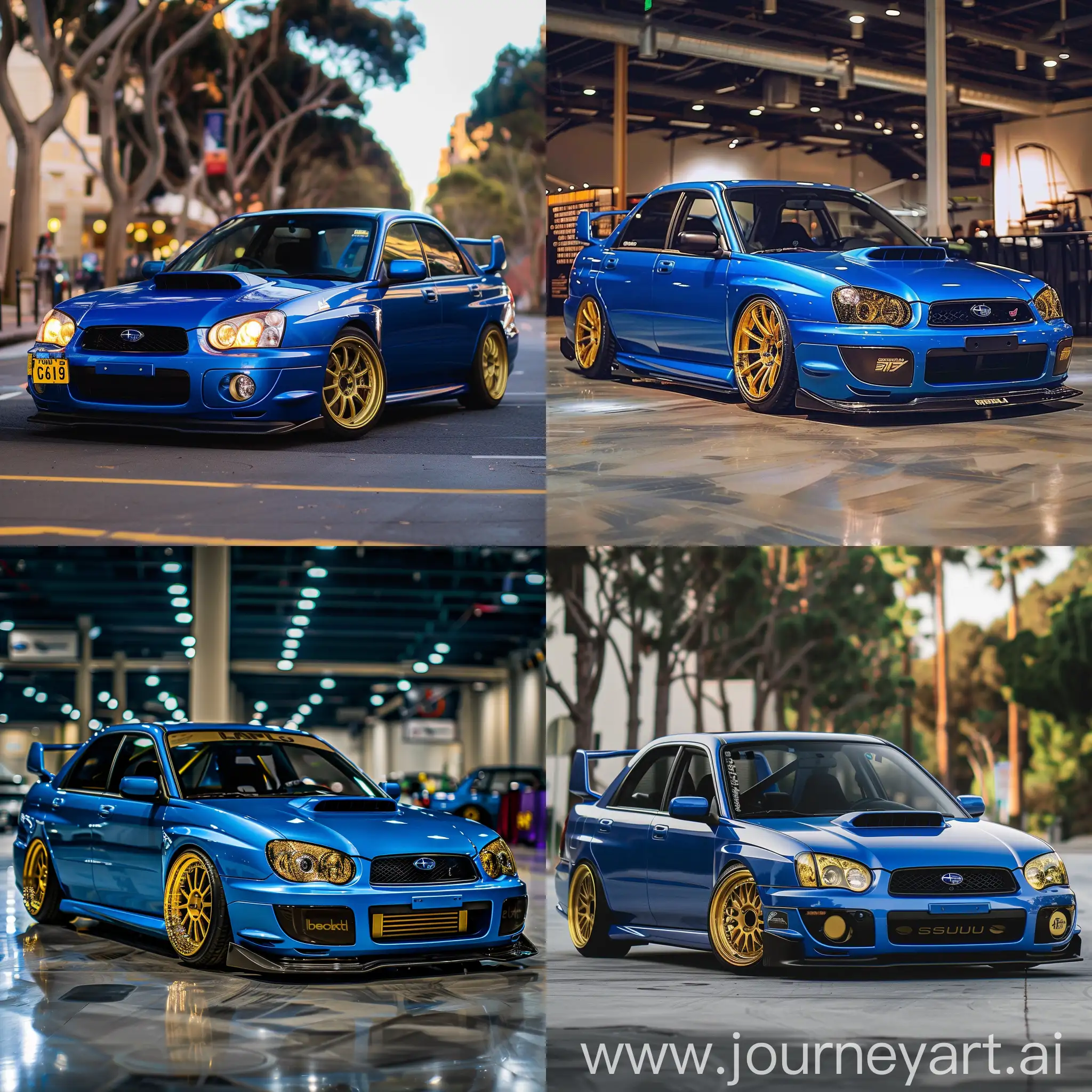 Customized-Subaru-WRX-Impreza-2004-Instagram-Wallpaper-with-Blue-Car-and-Gold-Rims