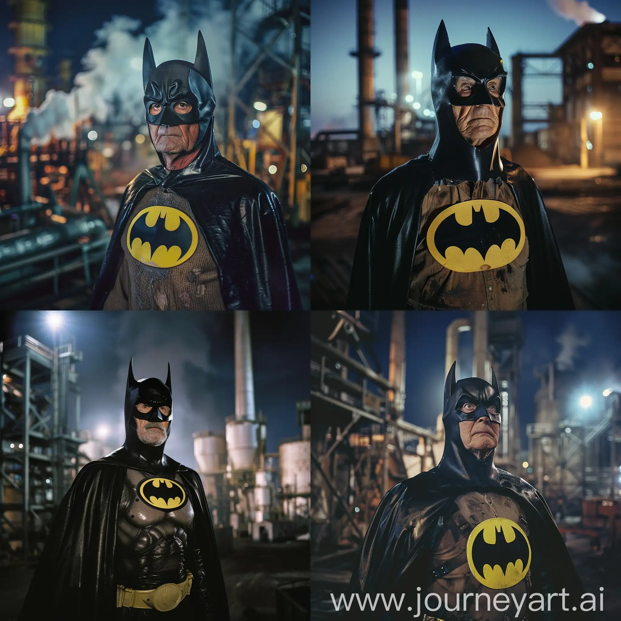 an elderly man dressed as batman in a factory at night