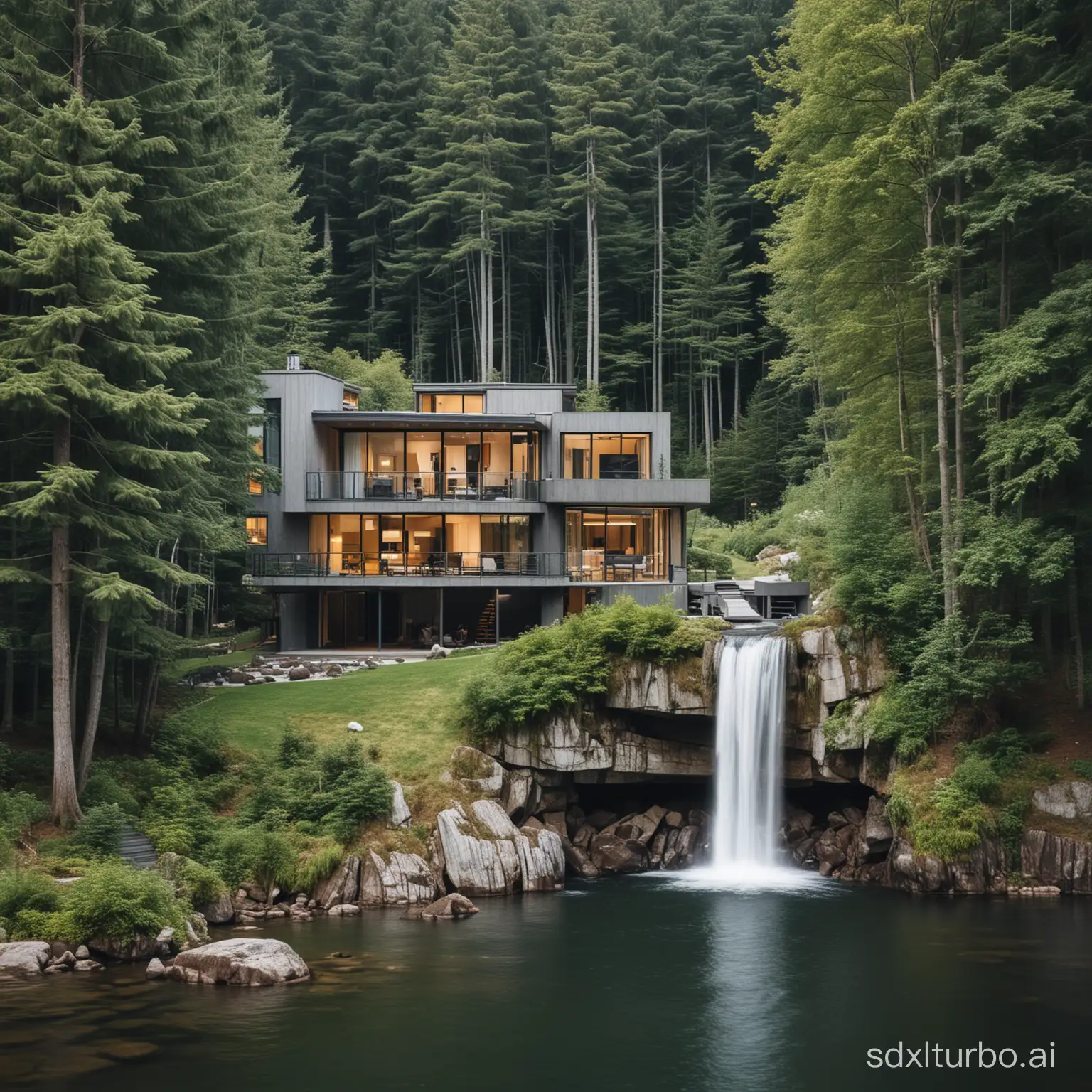 Casa con un bosque y una cascada de fondo 
