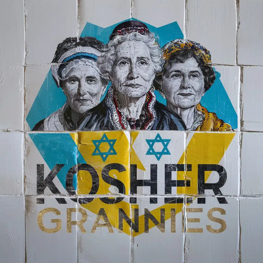 logo, Israel, yellow, blue, white, historical and modern Jewish grannies with Israeli headcovers and Star of David, in white tiles, in gold, with the text "Kosher Grannies", typography, be used in the art industry