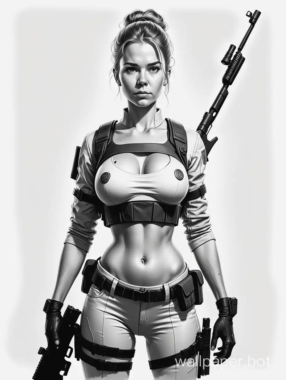 Young Julia Staingruber. Large chest. Narrow waist. Laser rifle of a hired killer. Scandinavian clothing. White background. Black and white sketch. Full height. Large chest. Narrow waist. Wide hips. Quality 8K. White background. Black and white sketch.
