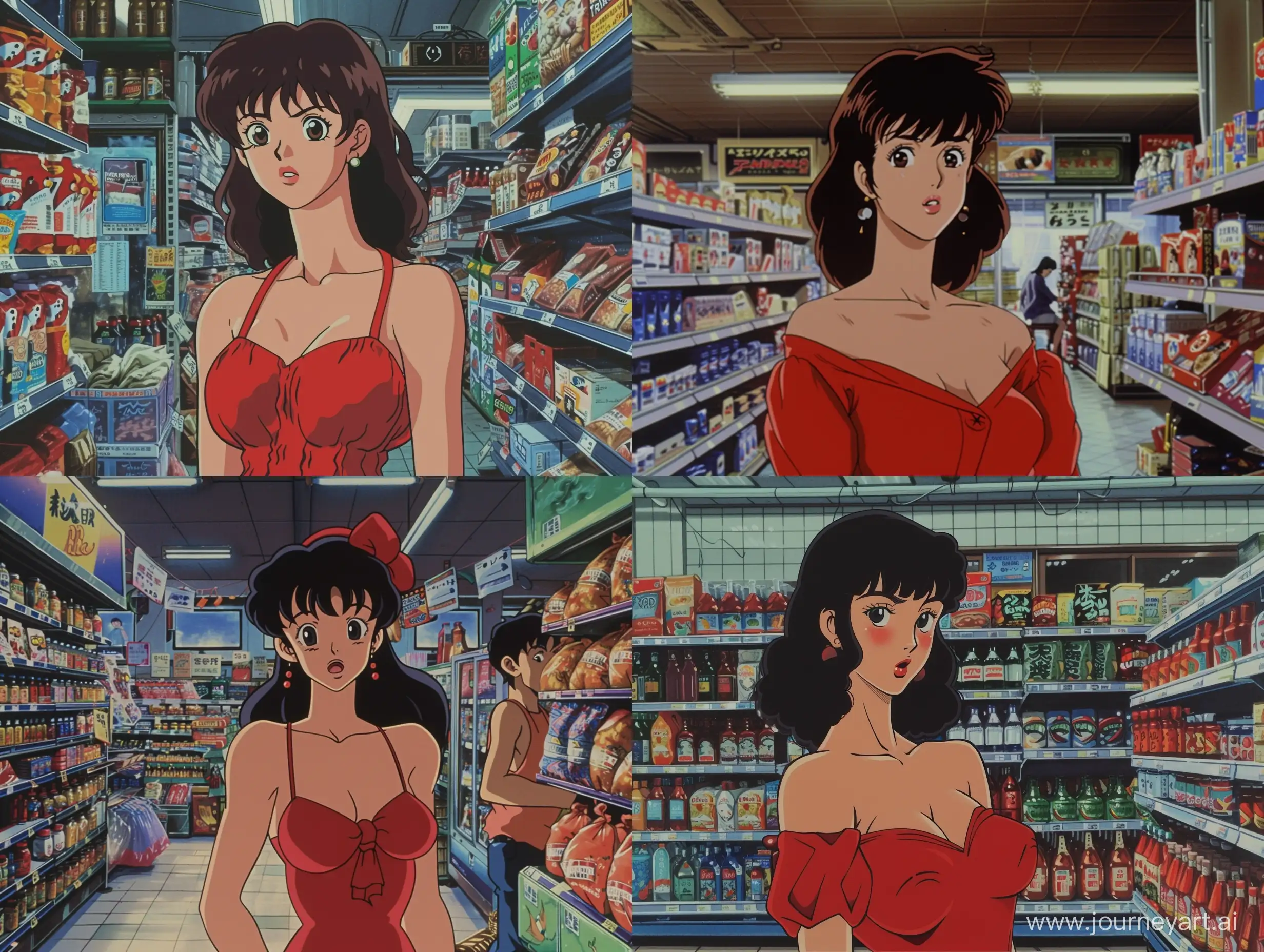 a old 90s cartoon akira toriyama still of a woman , inside a store environment, nostalgia, full view, outfit red dress,, looking at the viewer