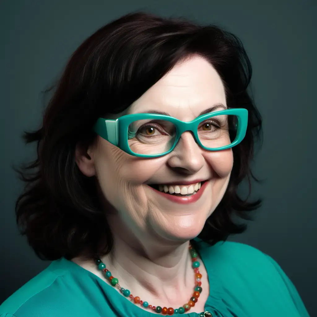 irish looking female, dark hair, pale skin, smiling profile image, aged 45-50, plump face, wearing funky glasses, wearing teal blouse