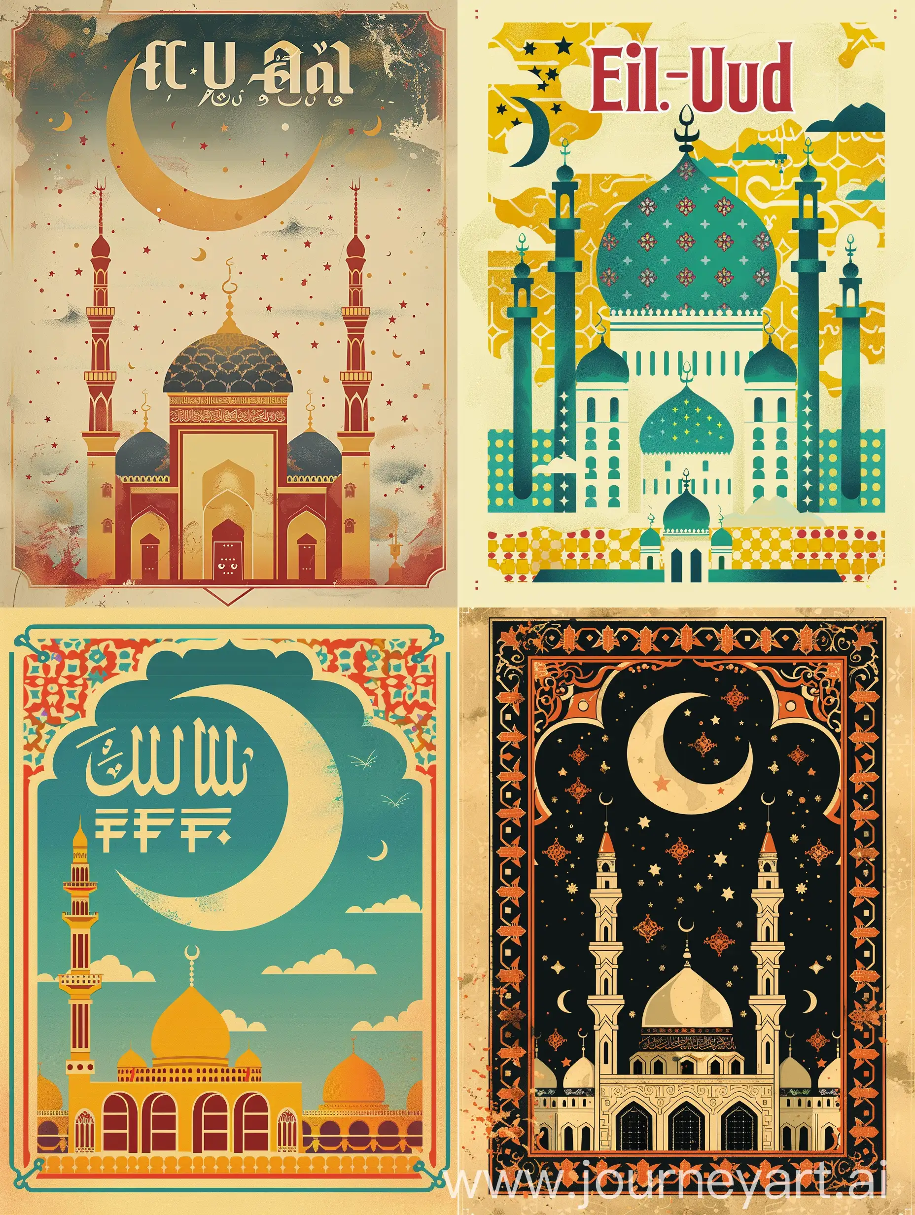 a poster for Eid-Ul-Fitr(fitr holiday), use islamic patterns, also use a mosque and moon cresent
