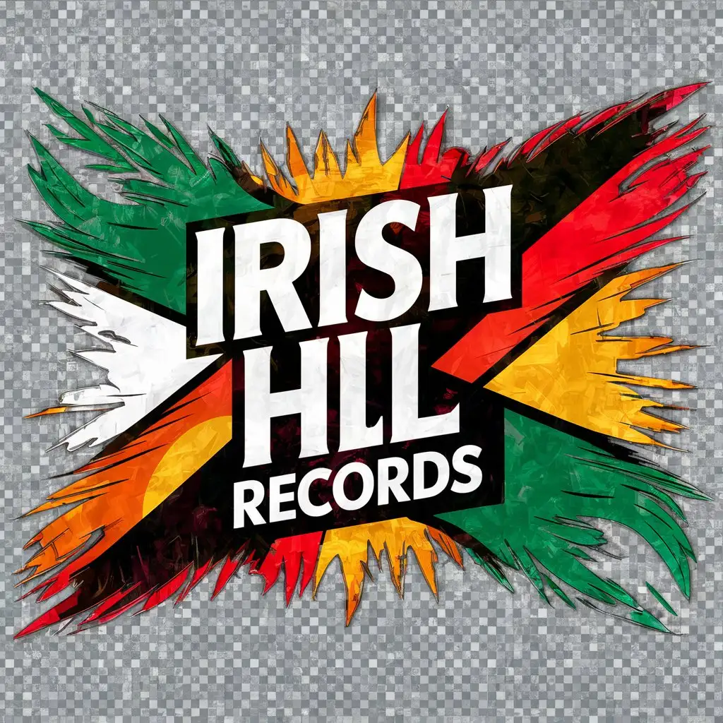 Logo for Irish Hill Records with Jamaican feel in red gold and green colors with transparent background .
