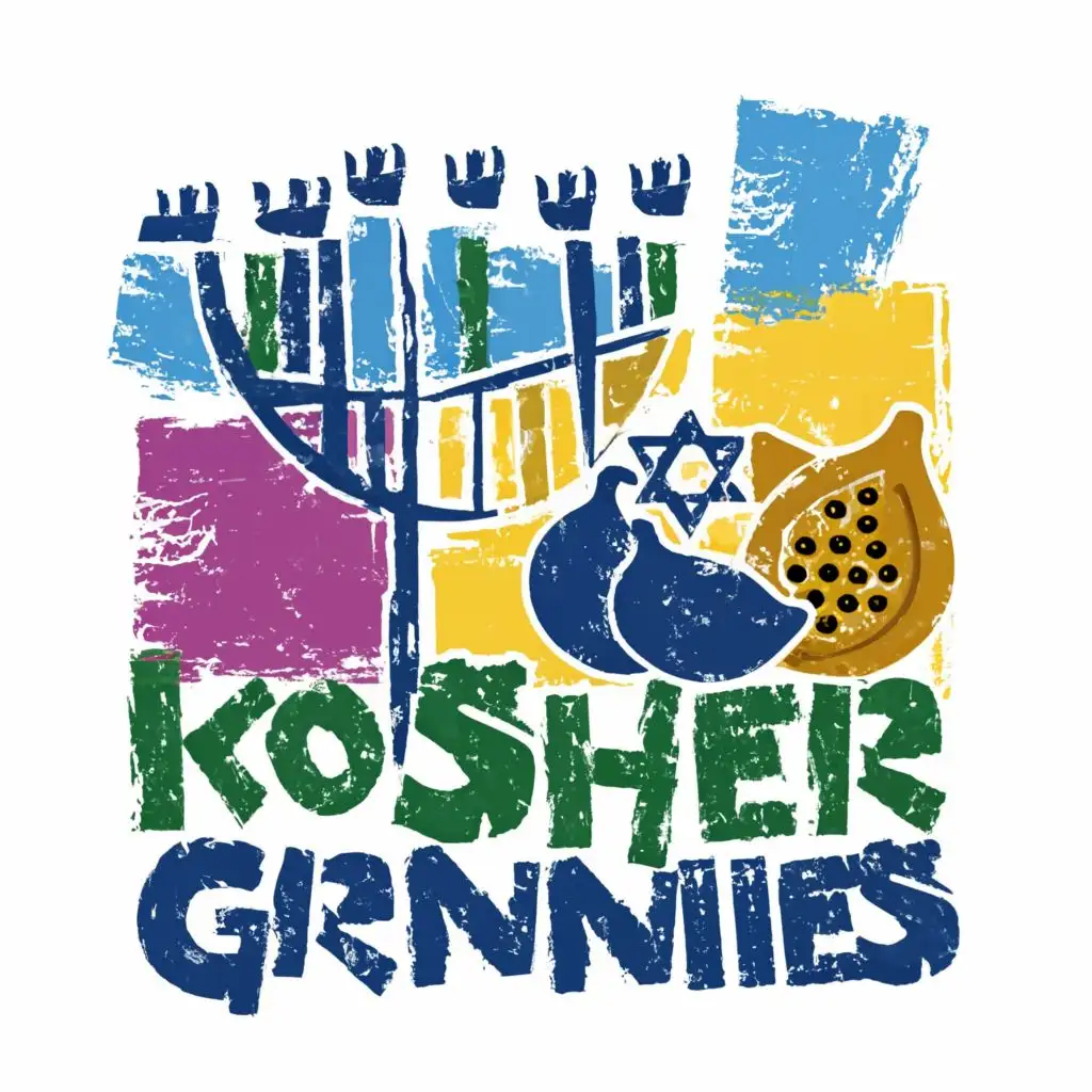 logo, Israel, yellow, blue, white, green, Menorah, Paul Klee, fig, jewish granny, with the text "Kosher Grannies", typography, be used in Automotive industry