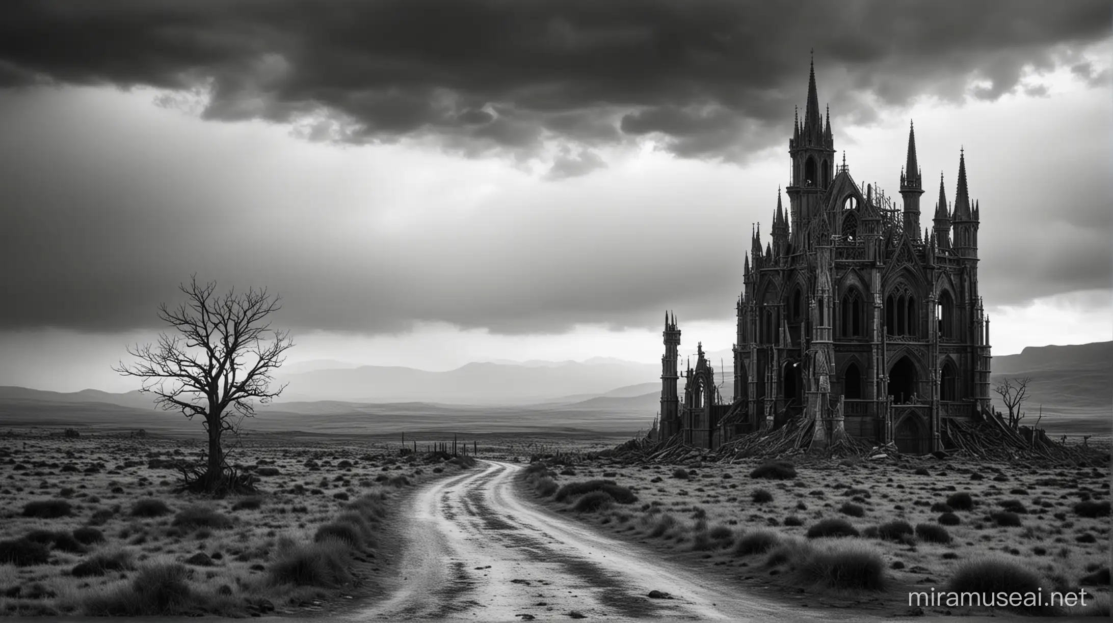 black and white desolate gothic landscape
