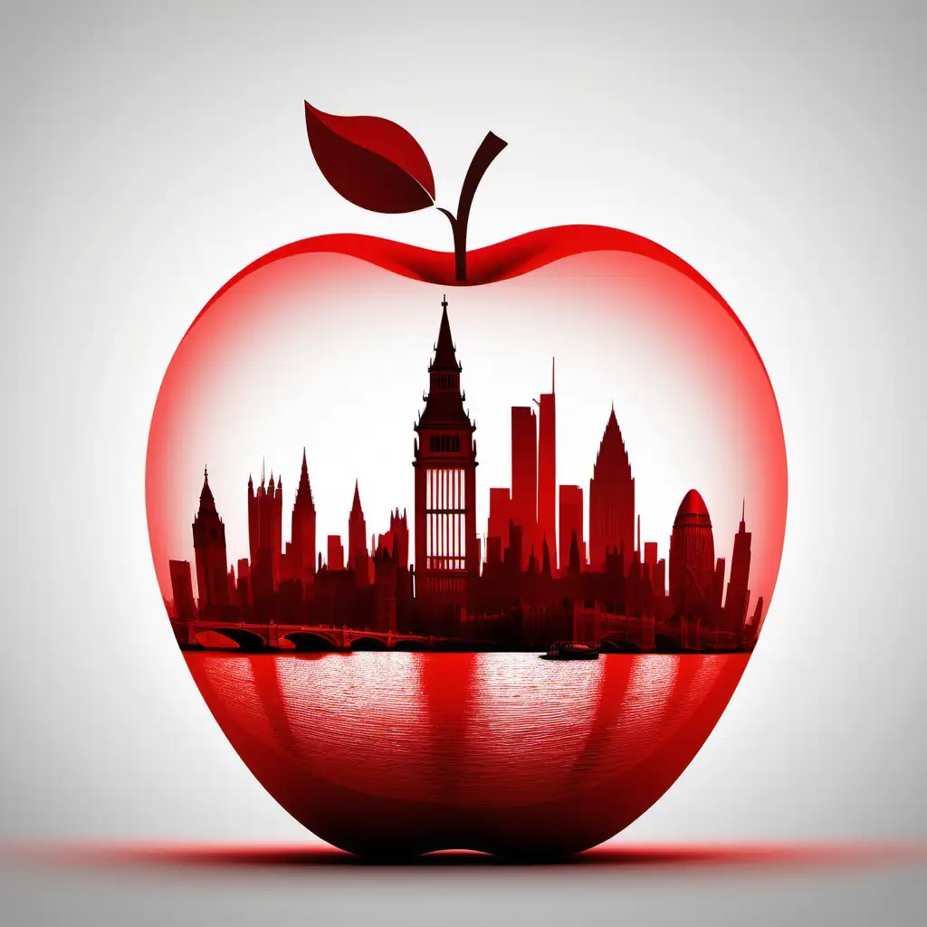 silhouette of a big red apple with the top half of the big apple is cleverly designed to incorporate the silhouette of the city of London  within the apple, the lower half of the design shows the smooth curvy outline of the apple, while the upper half transitions into a detailed city of London skyline, include big ben, tower bridge, iconic red bus, iconic red telephone booth, the shard, the entire silhouette is filled with a deep rich red against a solid white background