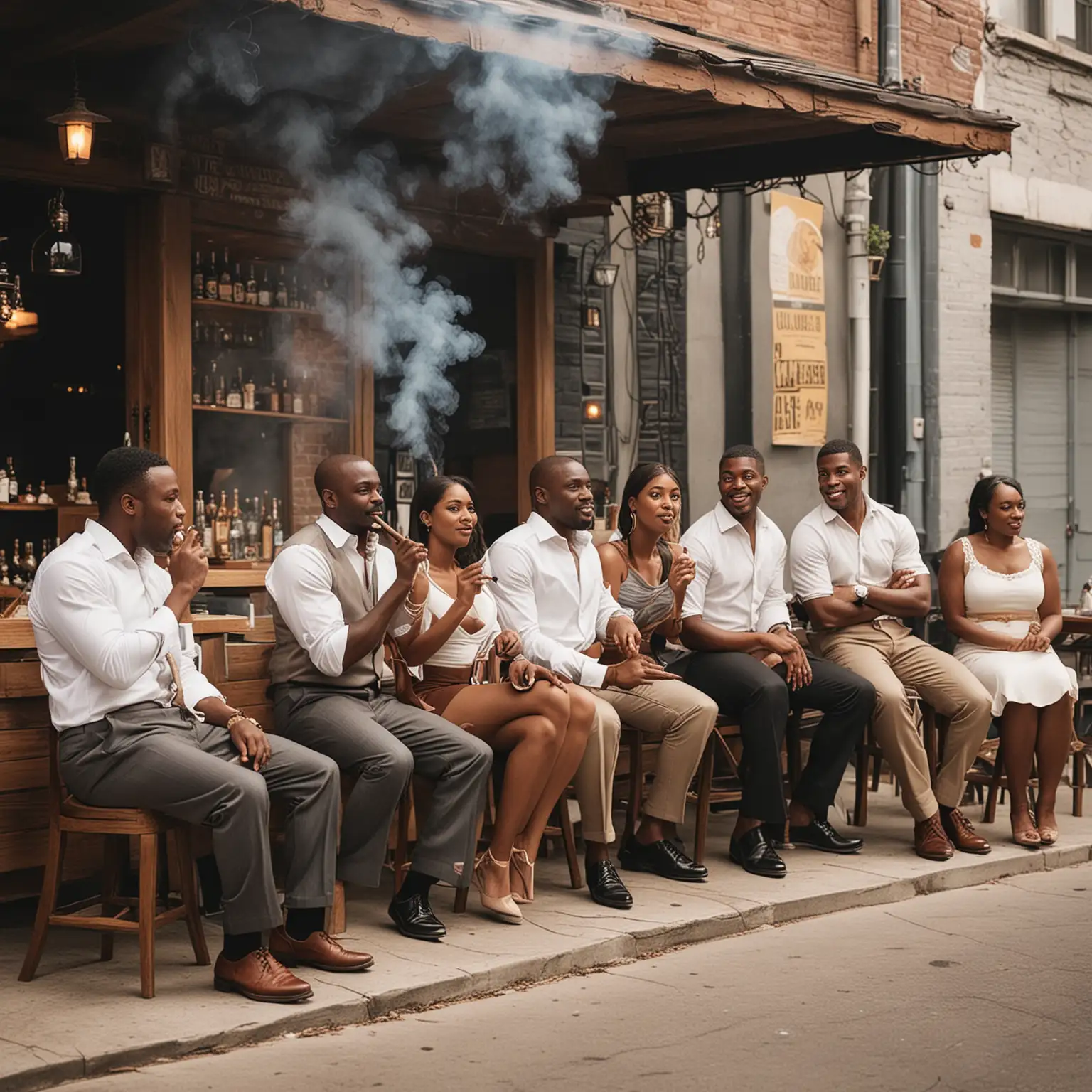Create image for exterior cigar bar patio with black men and women standing black men and women sitting black men and women smoking cigars