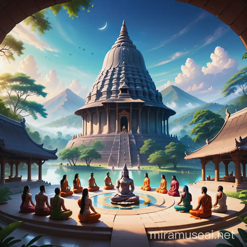 
From a wide angle perspective, the scene unfolds: a serene oasis of spiritual devotion. Below, a grand real Shiva Lingum stands amidst a lush, sacred space, its radiant presence drawing the eye. In the foreground, disciples sit in silent meditation, forming a circle around the Linga, their faces illuminated by its divine glow. The wide-angle view captures the vastness of the surroundings, with trees swaying gently in the breeze and distant hills framing the horizon. the scene exudes tranquility and majesty, inviting viewers to immerse themselves in the sacred atmosphere and find solace in the beauty of spiritual communion.