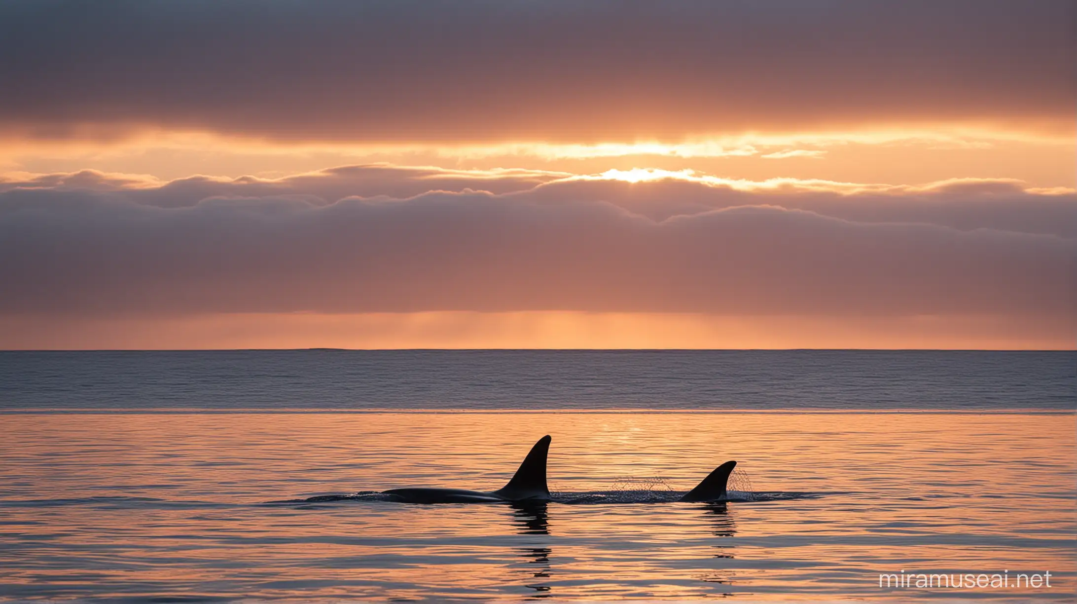 A killer whale, winters morning, sunrise, scotland