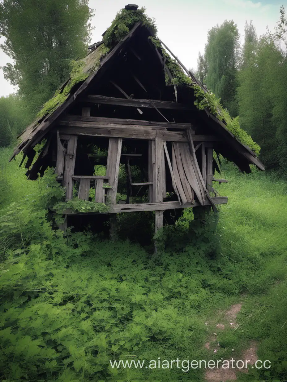 A ruined and decaying hut on the edge of a Slavic village.