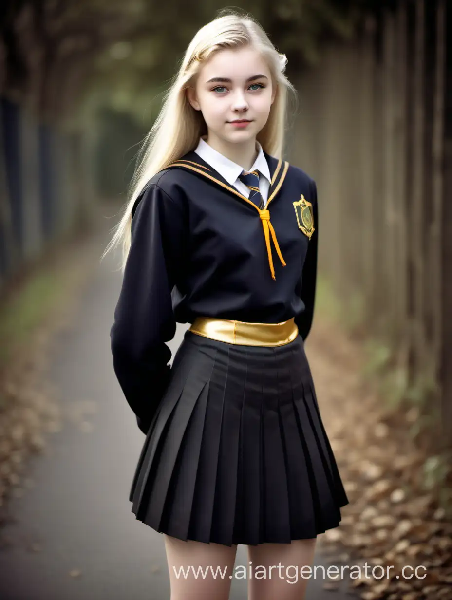 Blonde Girl-Wizard aged 18 years old in black school uniform, Pleated skirt with gold border