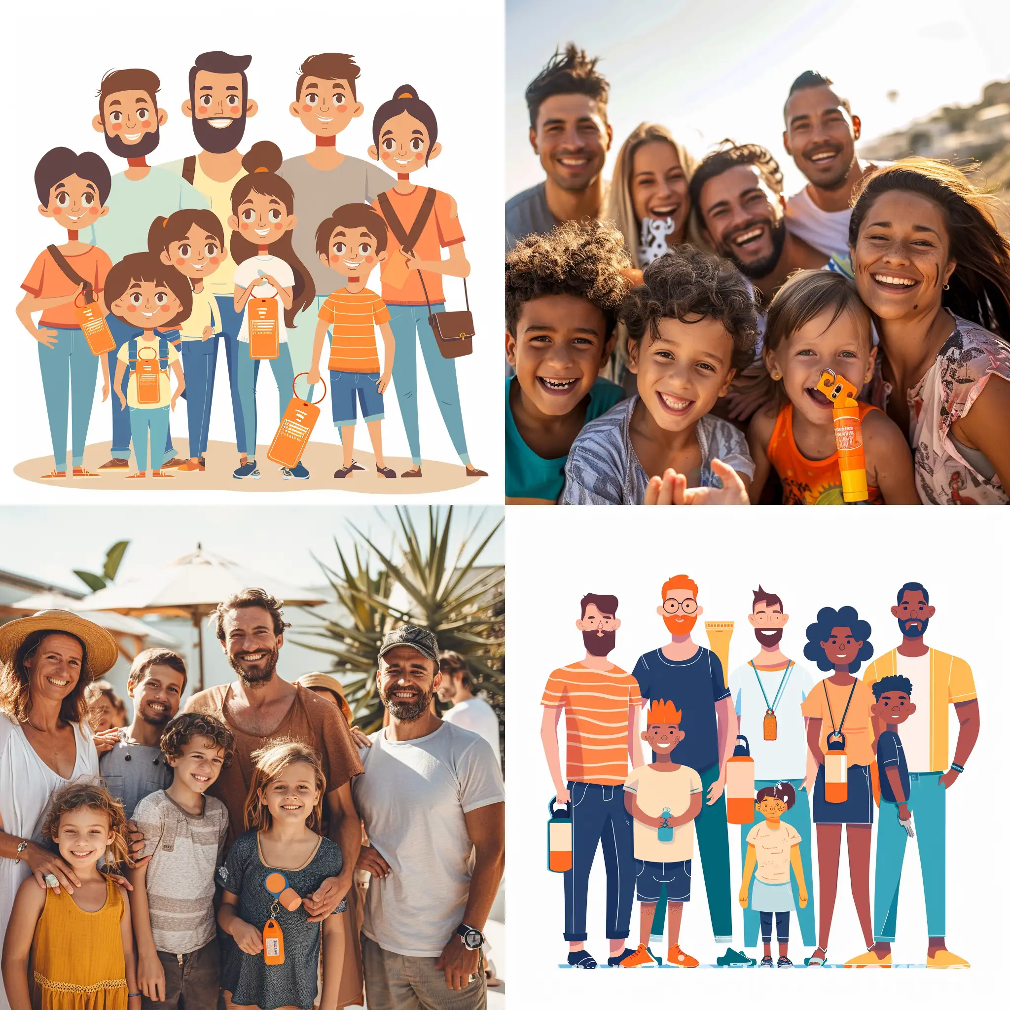 group of men women and kids with a sunscreen keychain