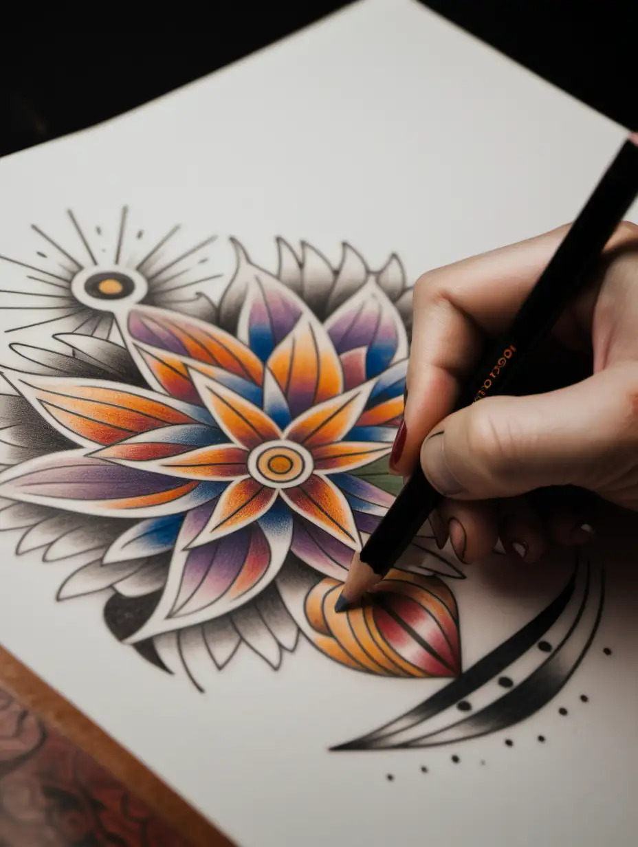 a person using a colored pencil to fill in a tattoo coloring book