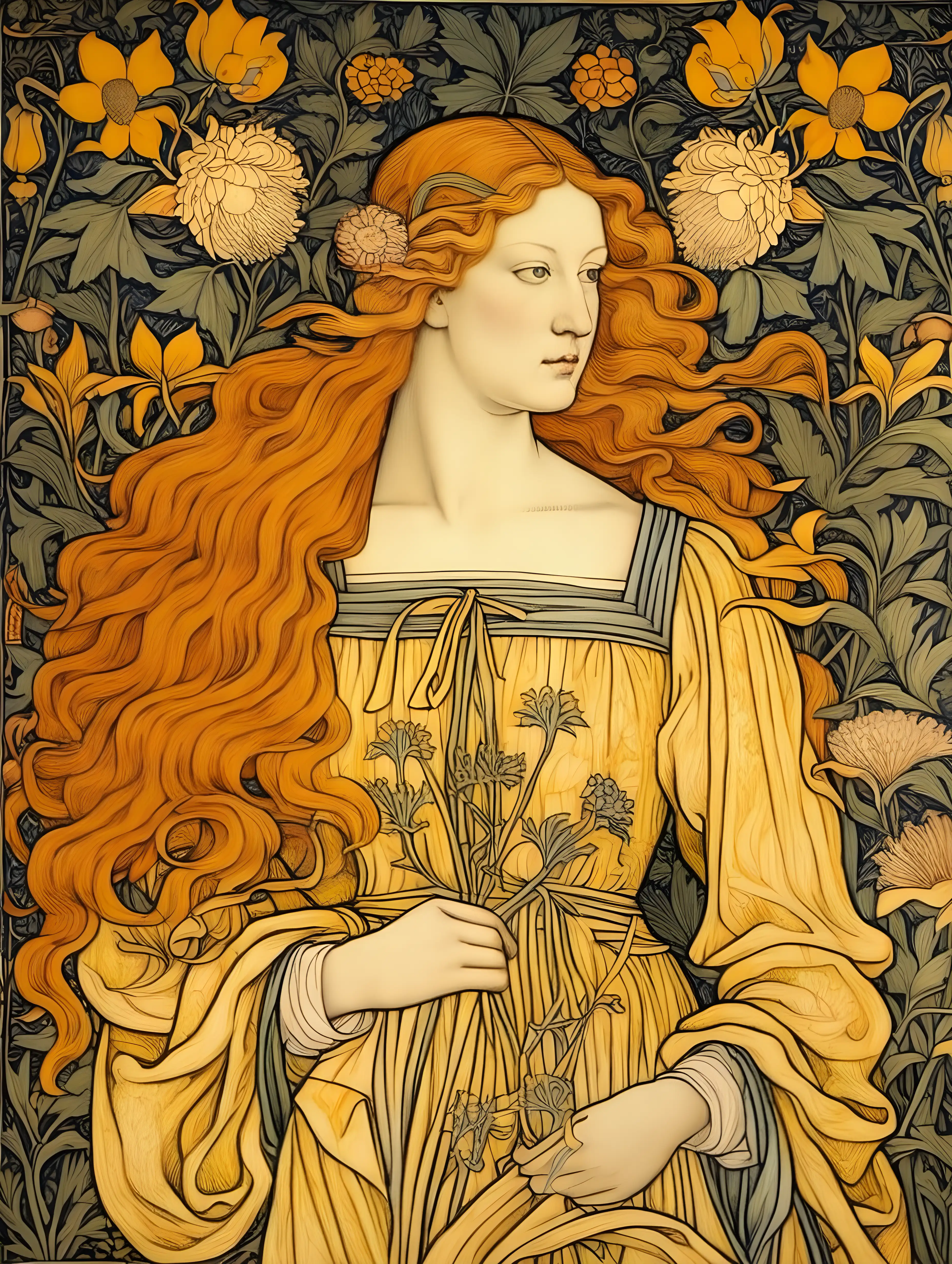 William morris portrait of a woman with long ginger hair wit flowers in yellow and orange hues