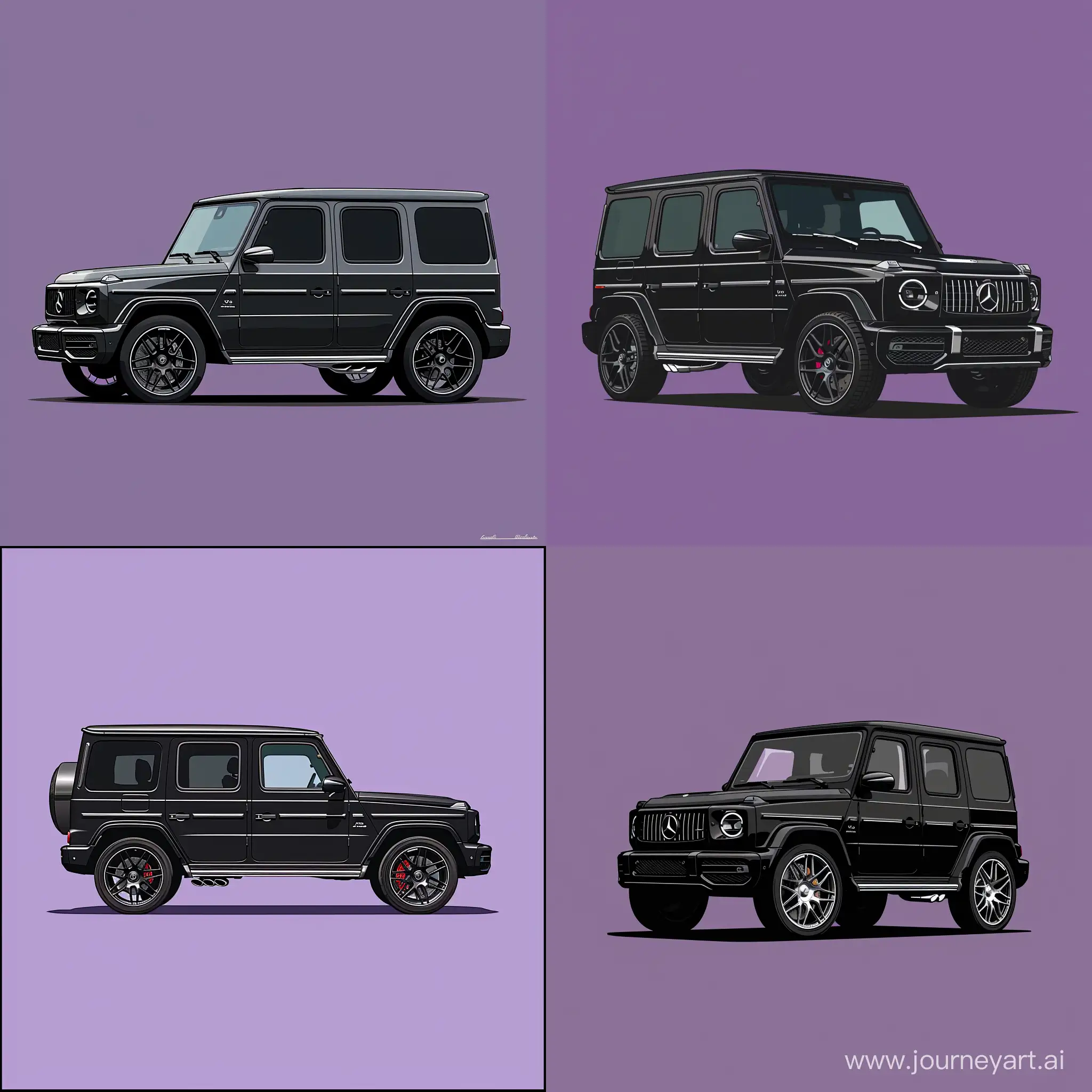 Minimalism 2D Car 2/3 View Illustration of: Black Mercedes Benz G63, Simple Bold Purple Background, Adobe Illustrator Software, High Precision