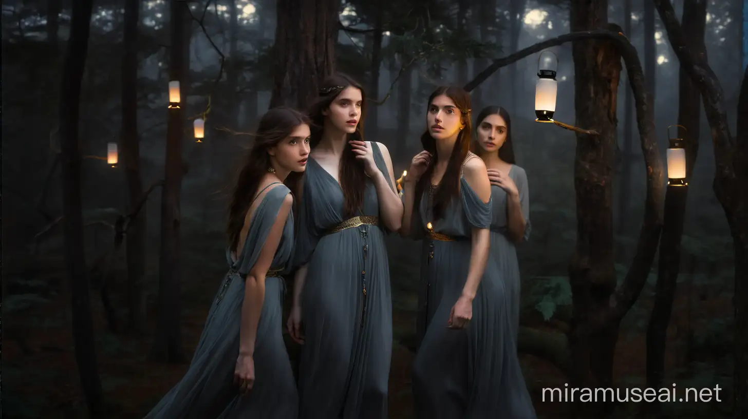 Four muses with lanterns in mystic forest at dusk.. John William Waterhouse..