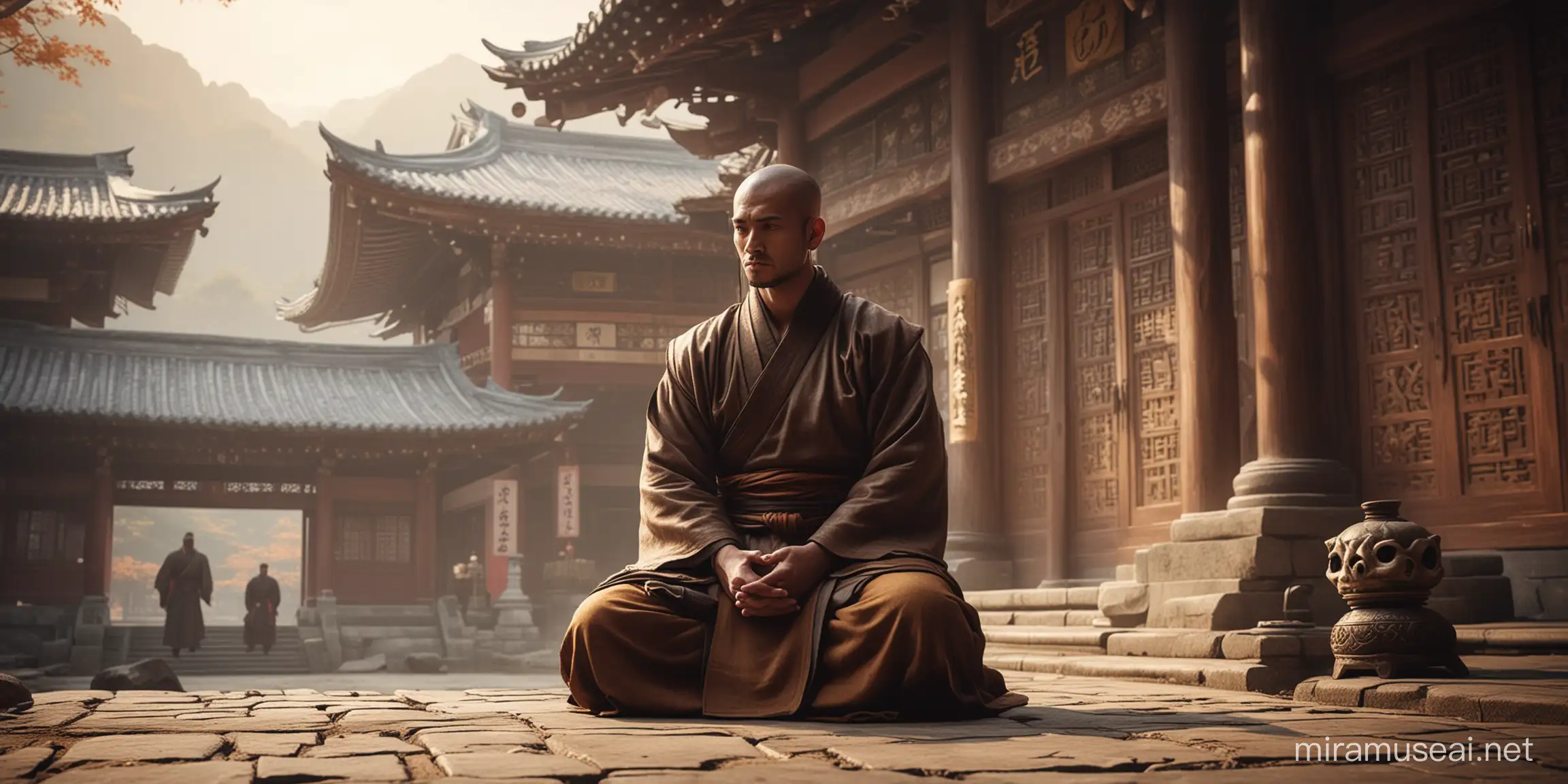 style: realistic concept art, video game artwork, extreme low angle shot, sitting in meditation, in the style of a legends of the five rings character of the scorpion clan, a male monk, aged 25, contemplating a demon-mask held in hands, with a traditional japanese monk temple in background