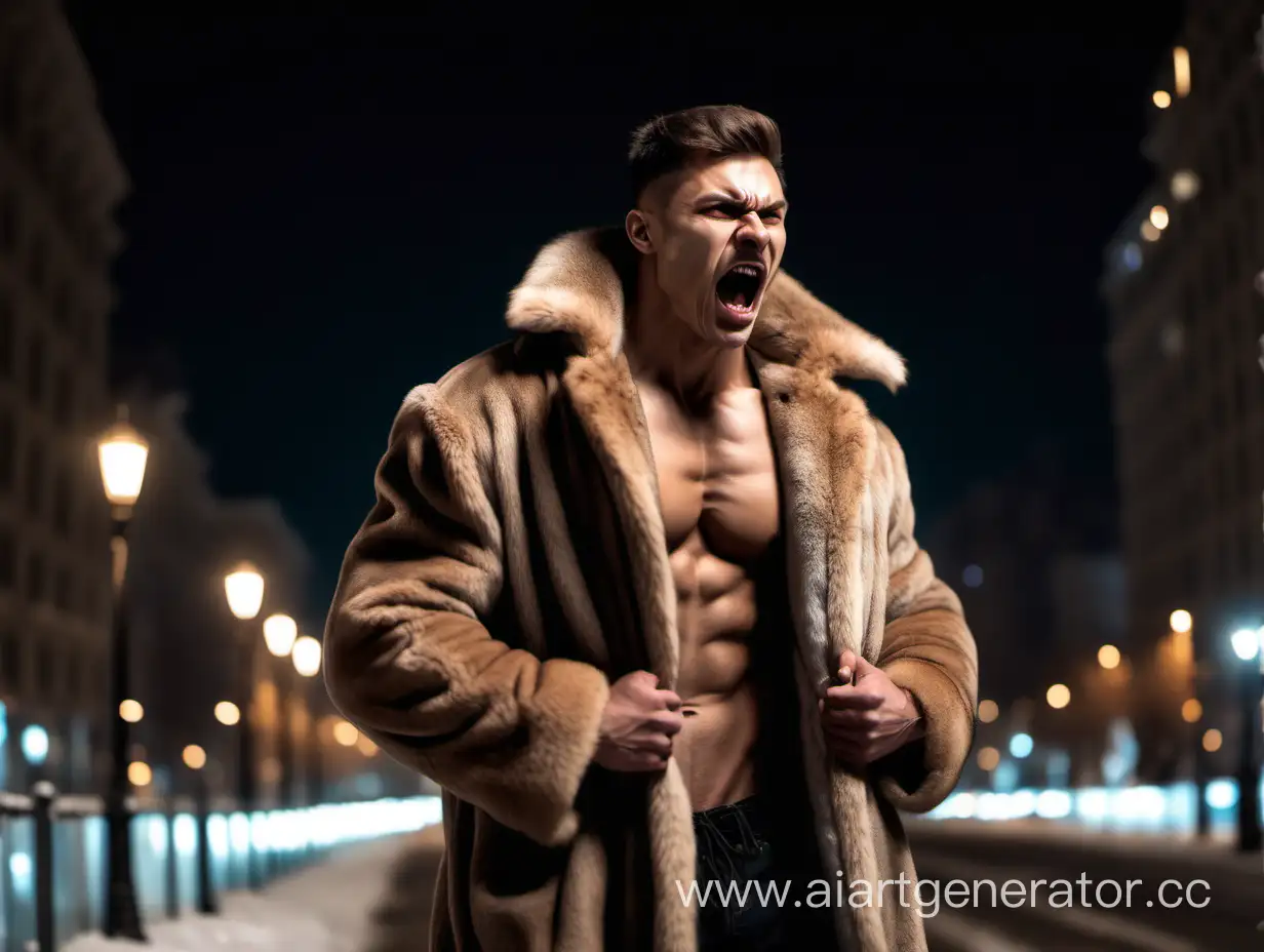 Powerful-Man-in-Light-Brown-Fur-Coat-Roaring-Amidst-Urban-Wolf-Encounter