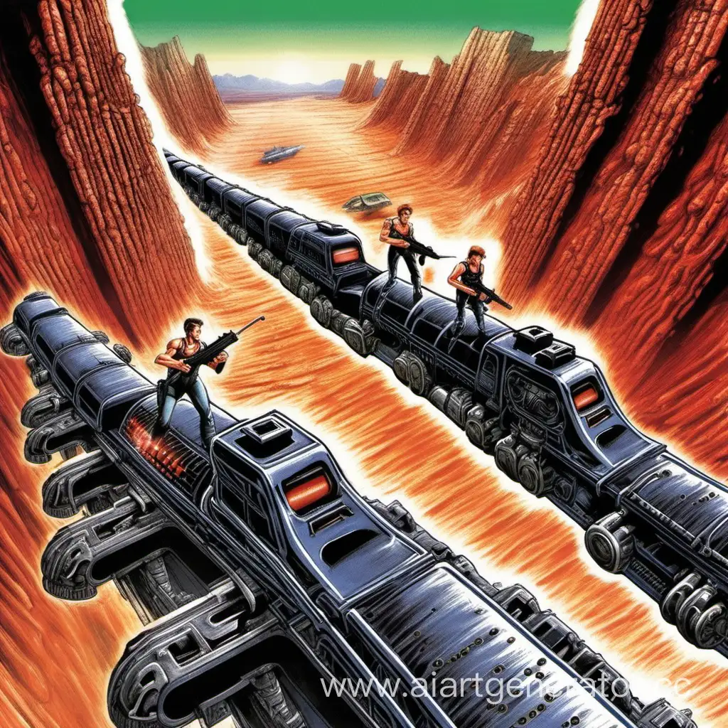
Contra: The Alien Wars.
Билл и Лэнс сражаются и стреляют на крыше длинного вагона в пришельцев.
На фоне пустыня и каньон.
