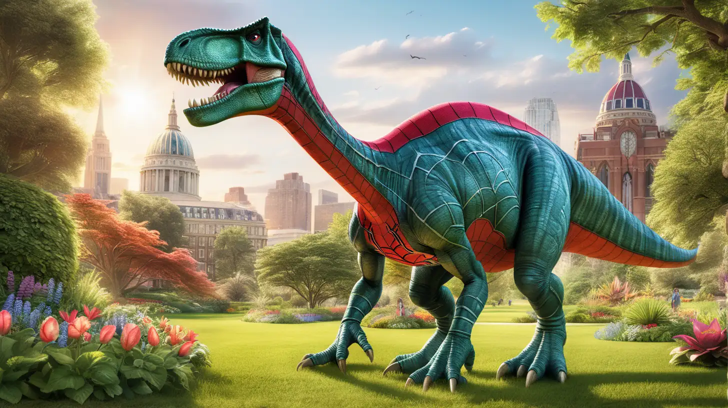 Amidst the serene beauty of the meadows, an unexpected sight catches the eye—a majestic dinosaur adorned in the iconic Spiderman costume. Standing tall amidst the lush greenery, the T-Rex dons the vibrant colors and web-patterned suit, creating a striking juxtaposition of prehistoric power and modern superheroism. The sunlight dances off its textured scales as it roams through the picturesque landscape, embodying a whimsical fusion of ancient and contemporary elements in this enchanting environment
