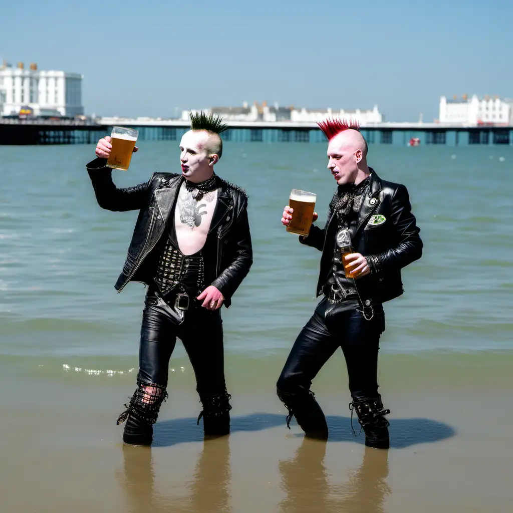 two punks in the sea off brighton beach having a pint

