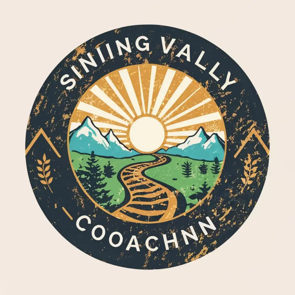 logo, valley path through mountains with sun rays circle bright, with the text "Shining Valley Coaching", typography
