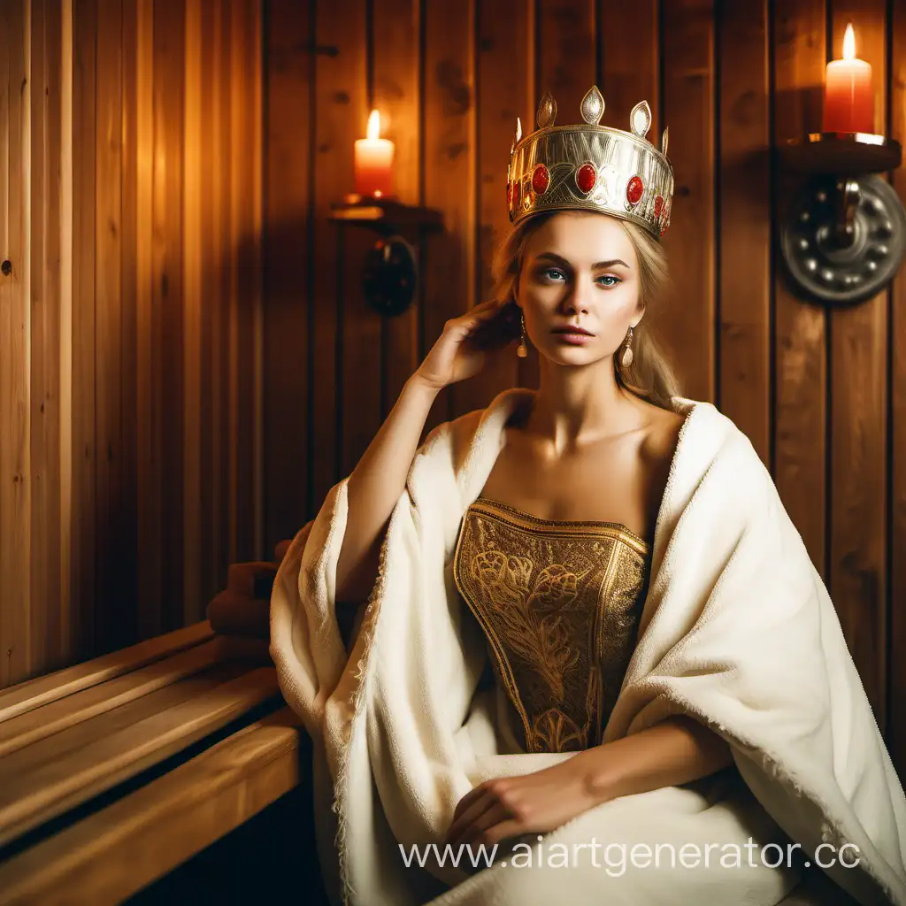 young beautiful Russian empress in the sauna wearing crown