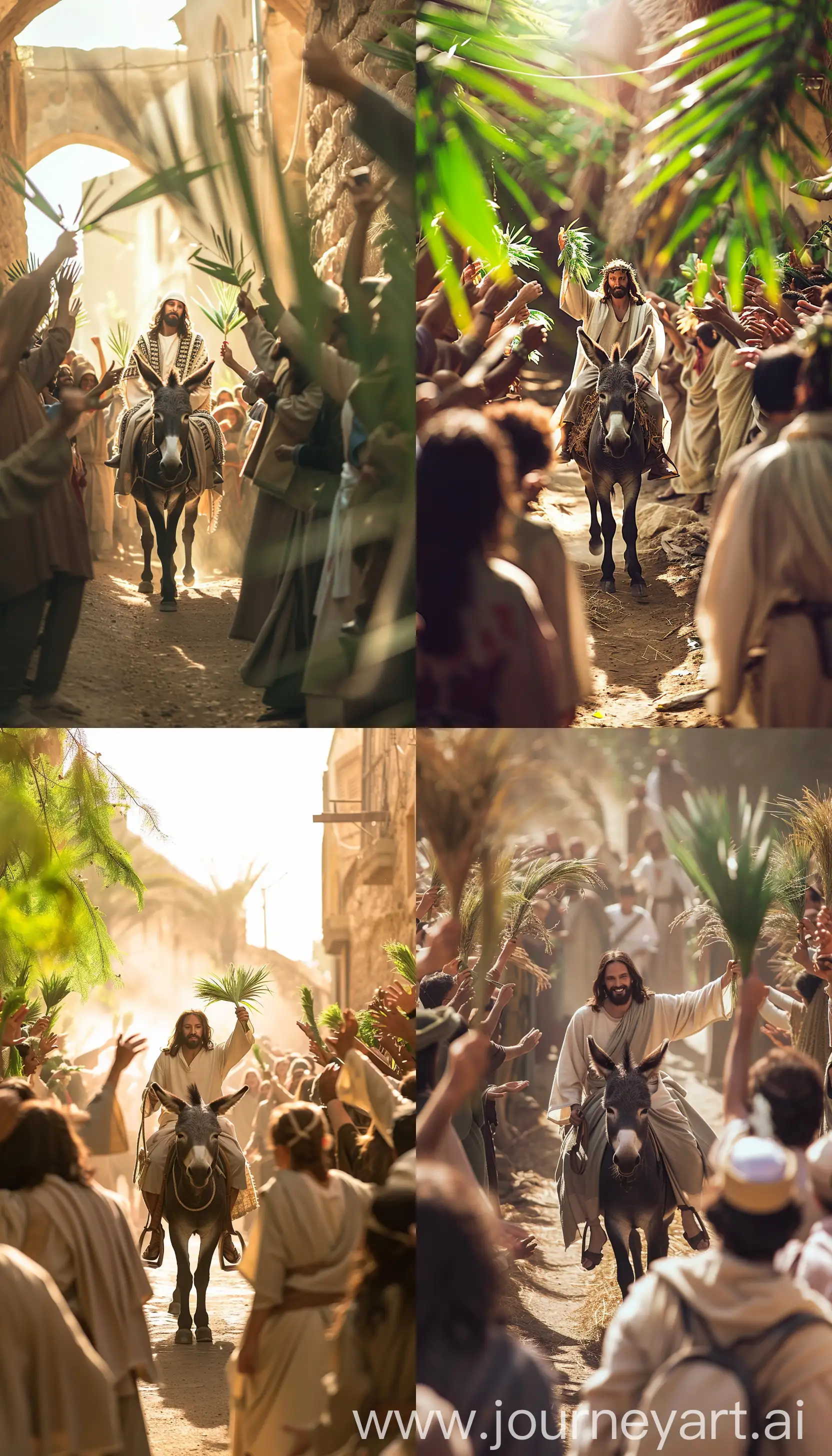 First-person view of Jesus arriving in Bethlehem riding on a donkey with many joyful people waving palm branches --v 6 --style raw --ar 4:7