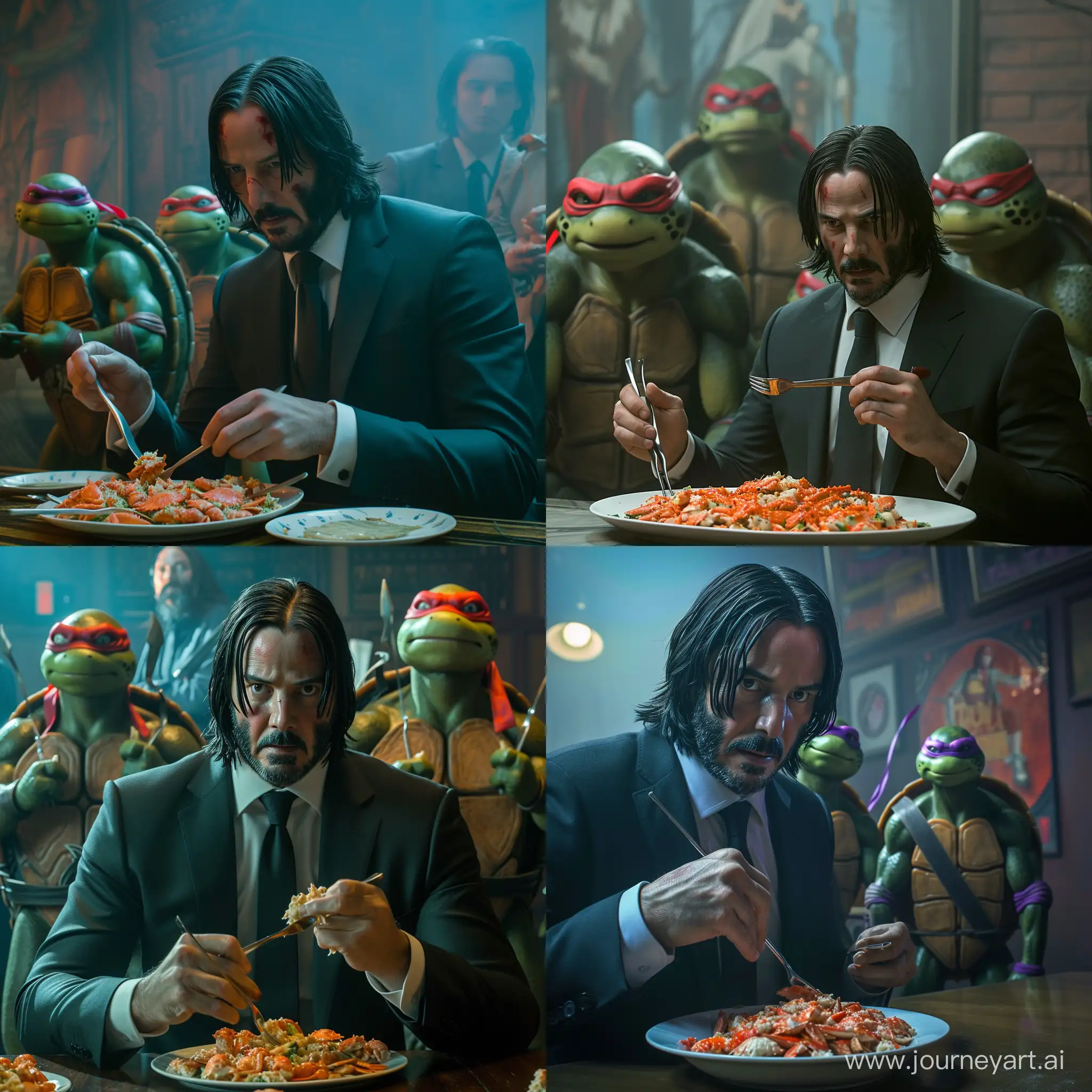 Celebrity-Encounter-John-Wick-and-Raphael-Enjoying-Crab-Salad-with-Ninja-Turtles