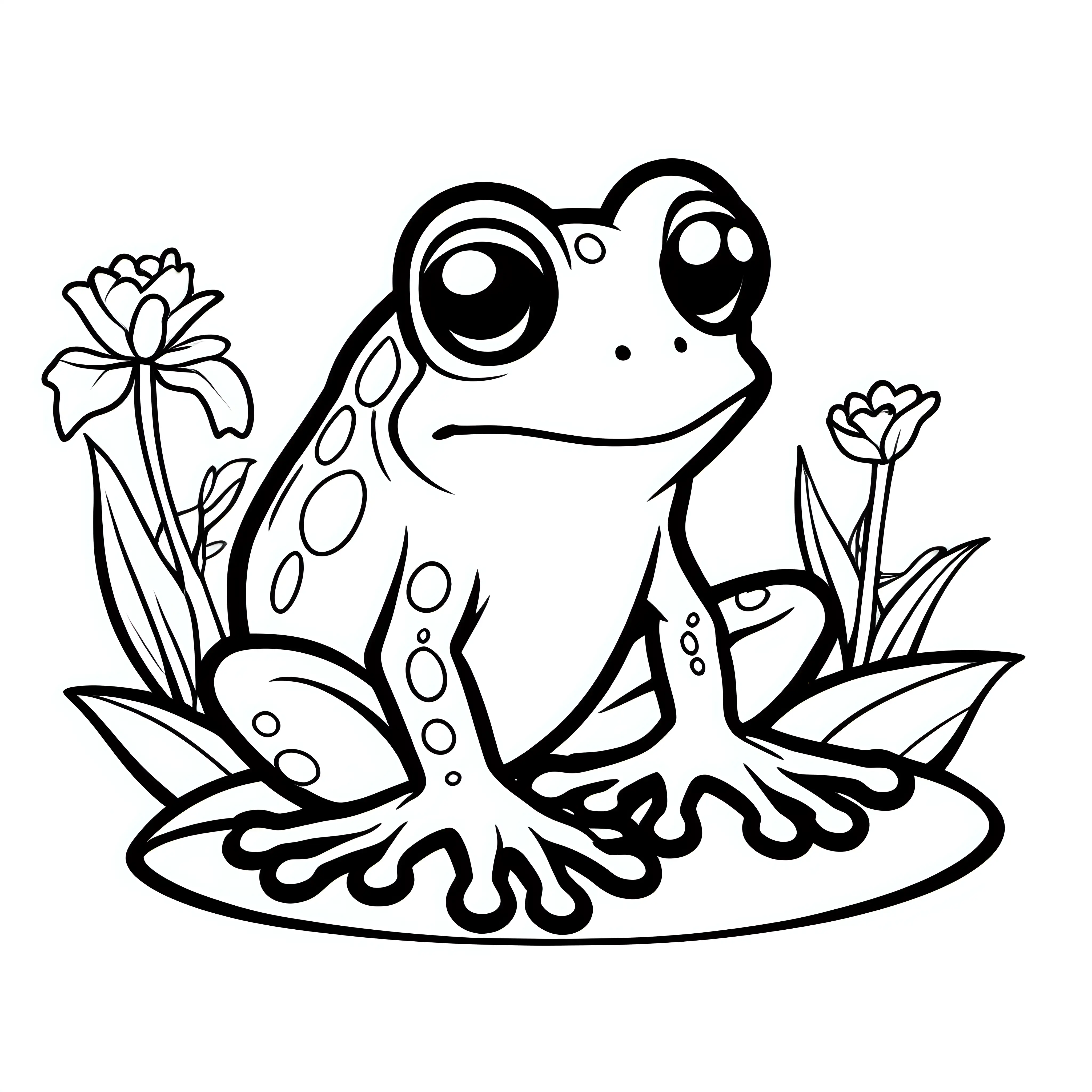 a simple outline drawing of a cute magical frog, outlines, kids colouring page, black and white: 1.5, white png background, flat 2d  –no shading, gradient, colors: 1.5, saturation:1.2, colored, shadow: 1.1, 3d -- ar 9:11